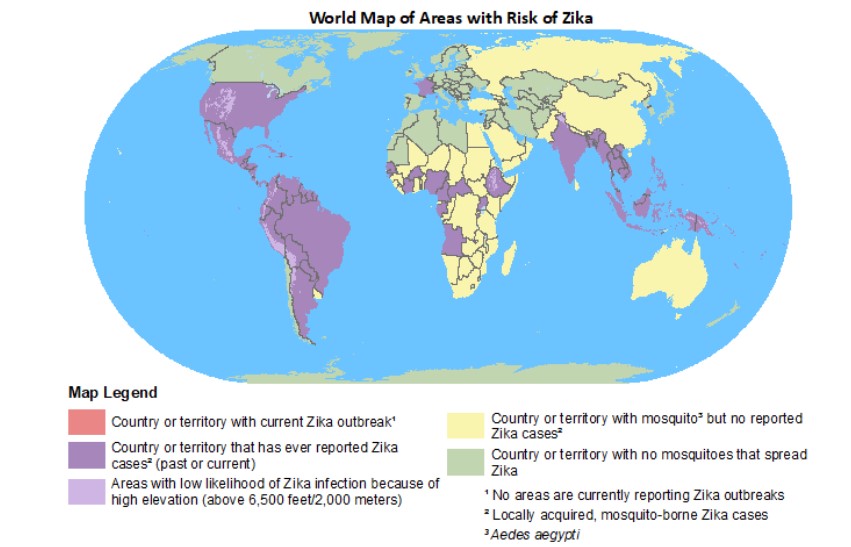 Κατανομή περιοχών όπου υπάρχει κίνδυνος μετάδοσης ιού Ζίκα